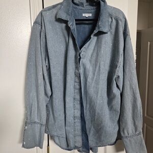 Good American Rhinestone Embellished Denim Shirt Light Wash Blue Size 5 2XL